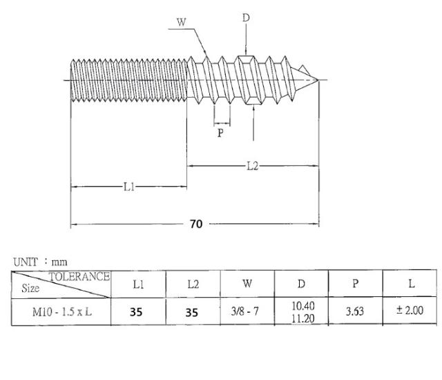 Hangerbolt, Cylindrical, M10x70mm, 50/50, Steel-YZP