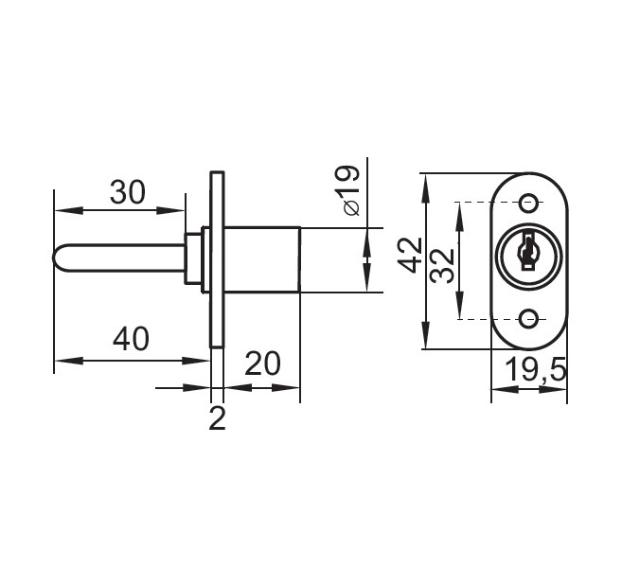 Cent. Lock 1018, ø19x20mm, 40mm Tail,CK SISO, BLK, No Bar or