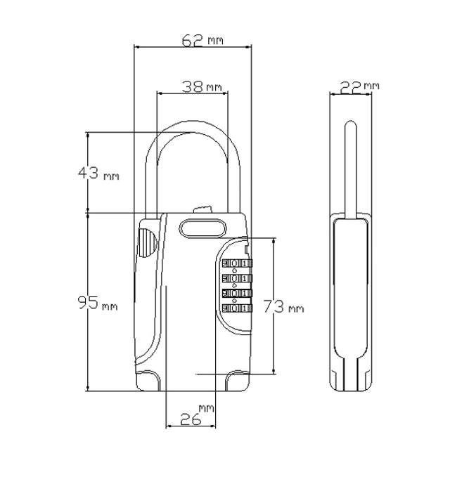 Key Storage Padlock,4 Digits, 138x62mm Black Steel Body,