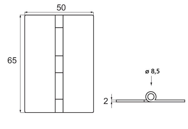 Butt Hinge For UV-Glue, 65x50x2mm, SS-304, Polished, 270DG