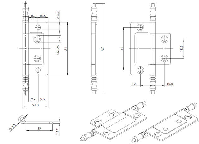 Flush Hinge, Steel, 88x24x1,2mm,Bronze Pl,W/Finials,Straight