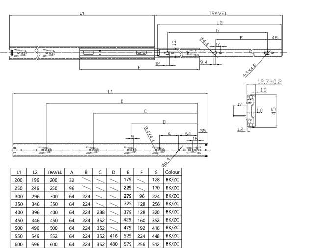Shelf Slide SH4500, 350mm Full Extension, Zinc Plated, Load