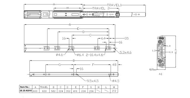 Drawer Slide PTO 4500, Full Extension, BZP, 600mm