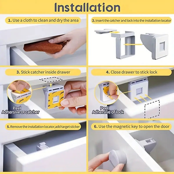 Magnet Lock, White, Set of 4 Locks, 1 key & 1 Installation